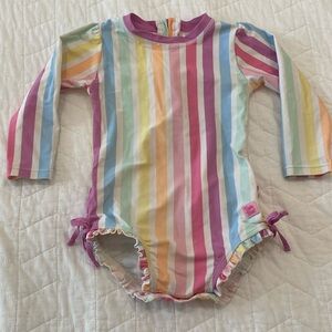 Ruffle Butts Long Sleeve One Piece Rash Guard - Rainbow Stripe